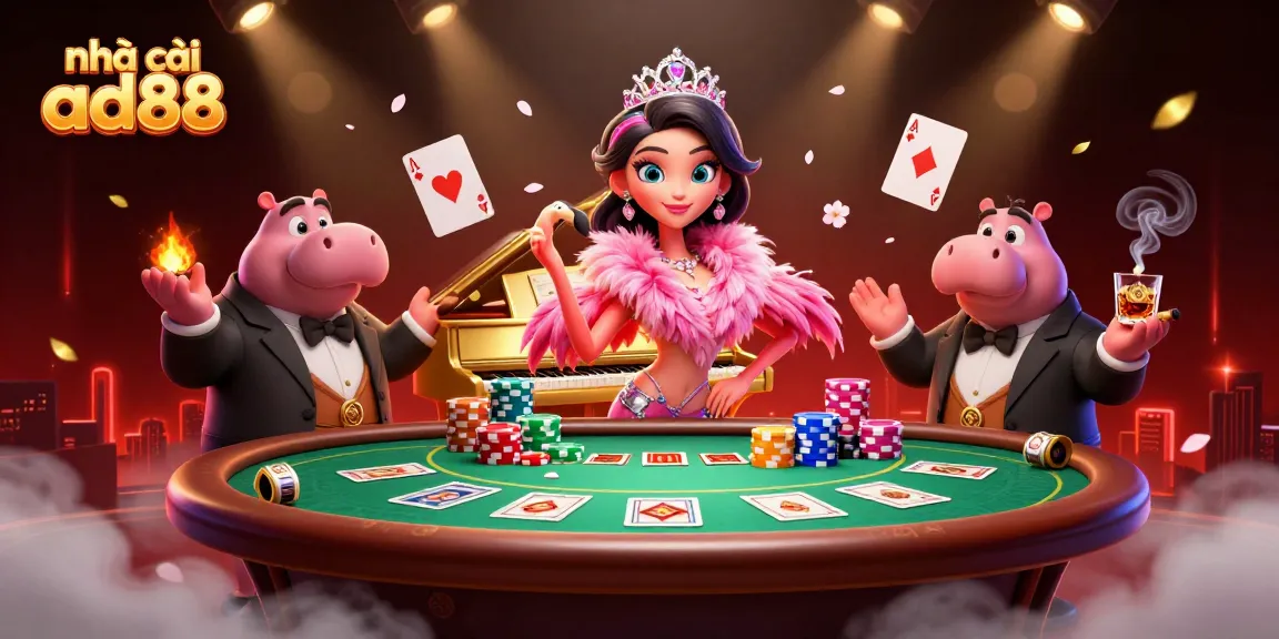 Experience the thrill at nhà cái ad88 with a vibrant casino scene featuring colorful poker elements and lively characters.