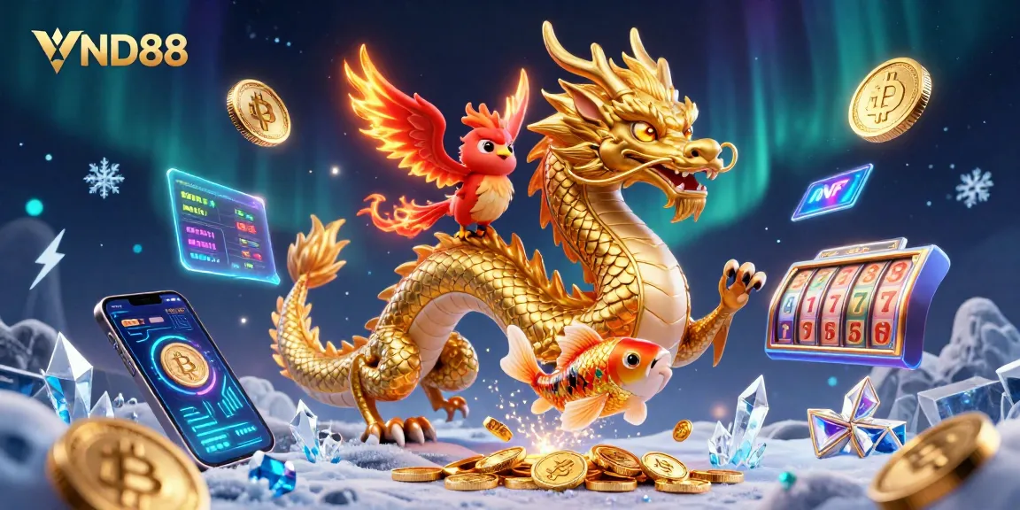 Experience thrilling moments with VND88 as a fierce golden dragon and phoenix dance among winning coins and crypto elements.
