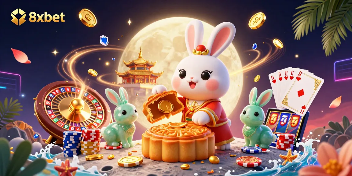 Experience exciting gameplay with 8xbet, featuring vibrant casino elements, moon rabbits, and poker chips.