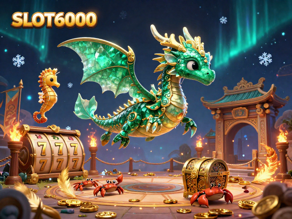 SLOT6000 showcases a vibrant 3D illustration of a dragon and treasure chest in a dynamic gaming scene.