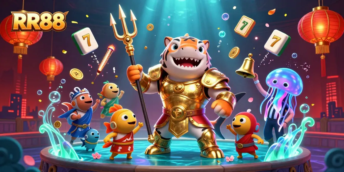 Experience the thrill of RR88 with a vibrant 3D digital scene featuring casino elements and a playful underwater theme.