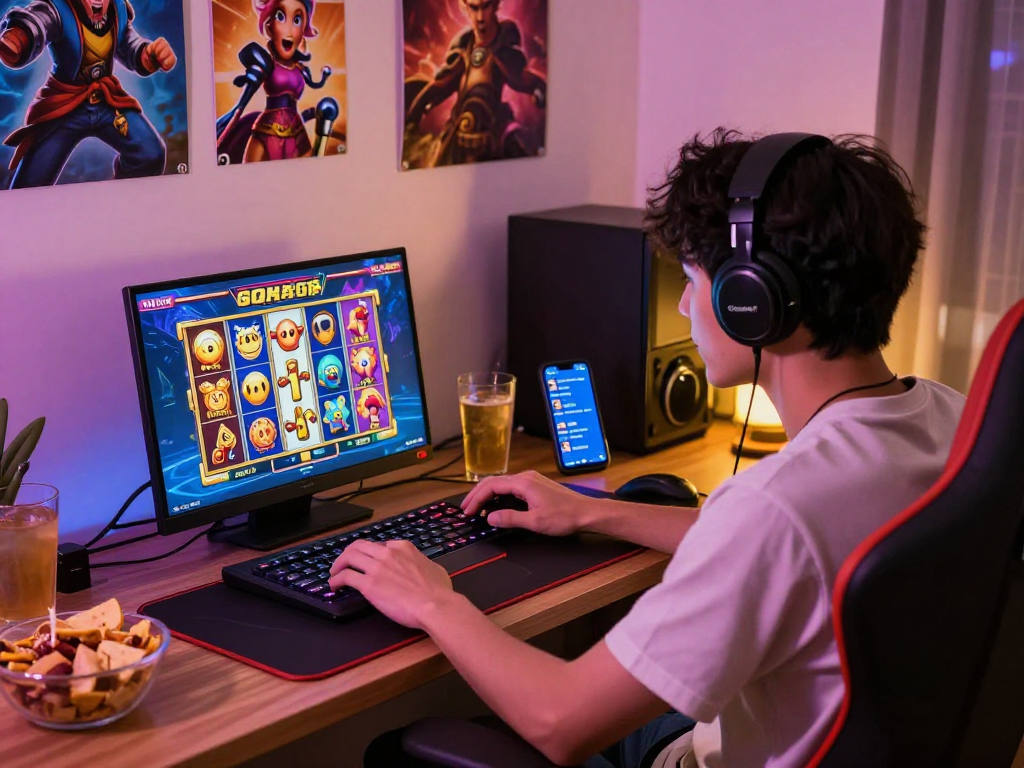 Excited player enjoying gacor slot games in a cozy home setting with vibrant graphics.