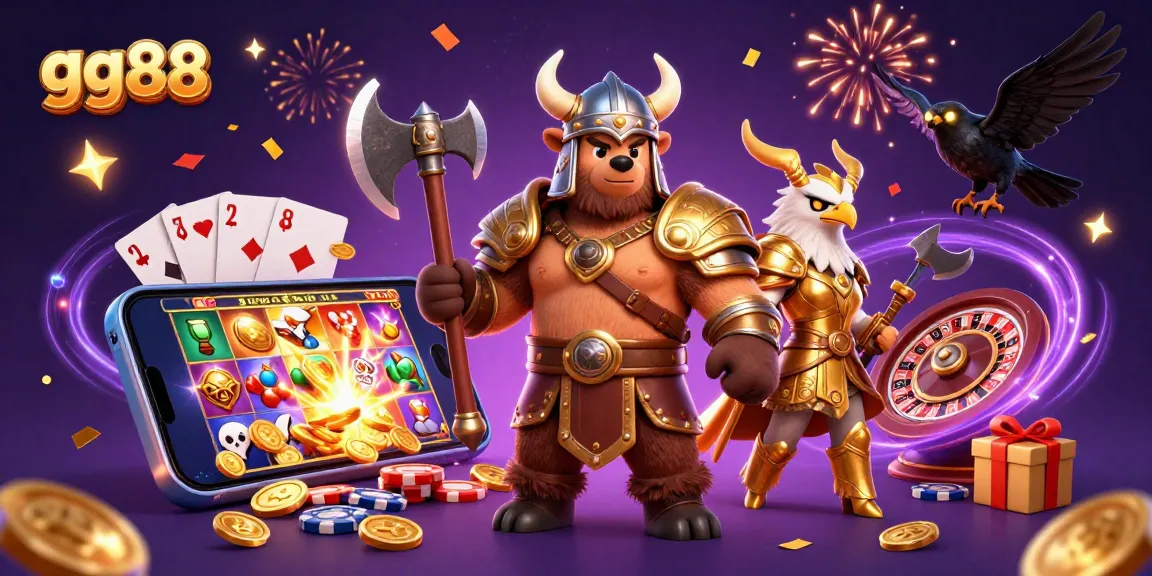 Engage with gg88's thrilling gaming experience featuring a Viking bear, Valkyrie eagle, and many casino elements.