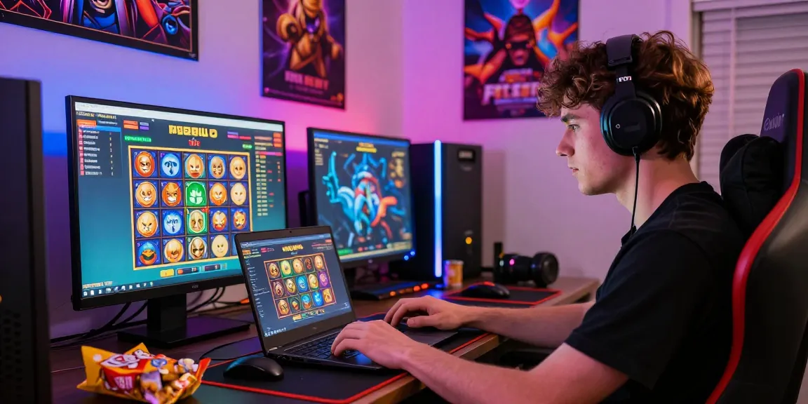 Exciting wd138 slot gaming scene with a player immersed in colorful game graphics and a vibrant setup.