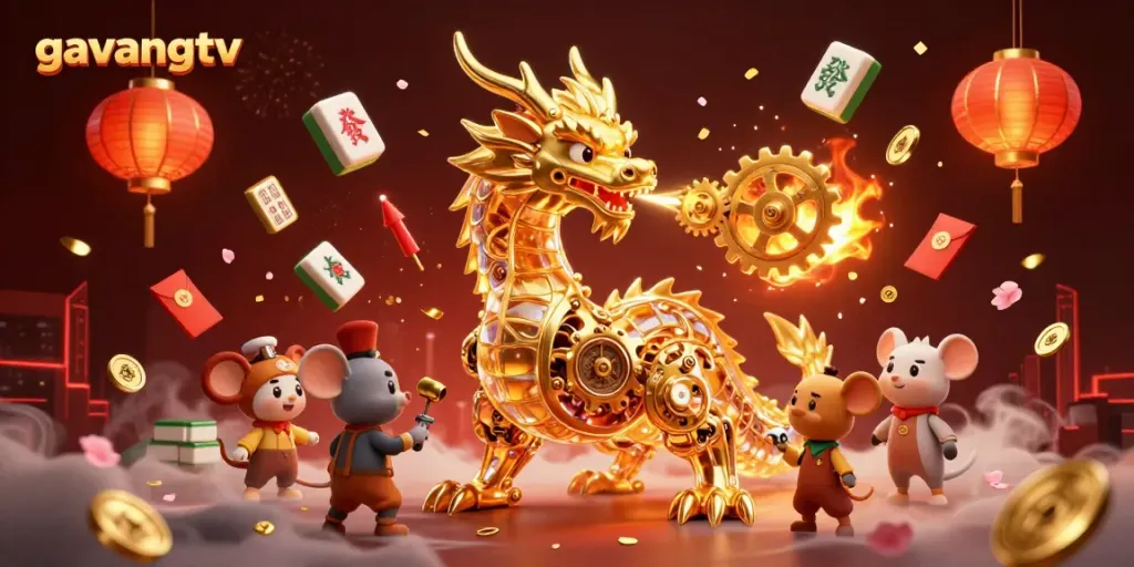 Watch the stunning 3D illustration of a dragon at gavangtv using golden gears for a captivating gambling experience.