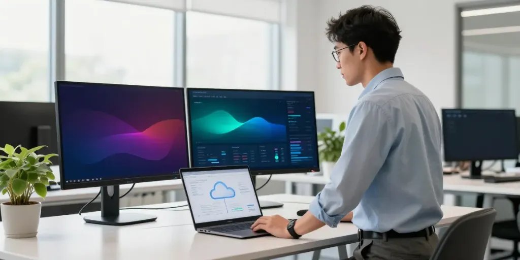 Expert managing microsoft azure cloud managed services in modern office setting with dual monitors.