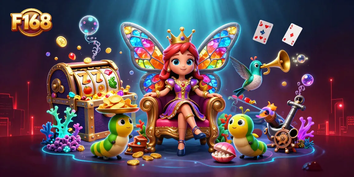 An engaging scene of F168 featuring a vibrant butterfly queen, dynamic game elements, and casino imagery.