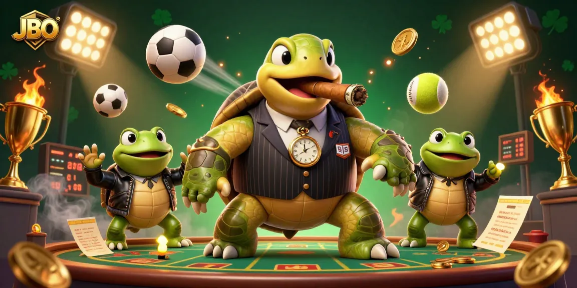 Bet on exciting JBO games featuring a massive turtle and bullfrog enforcers in a vibrant casino scene.