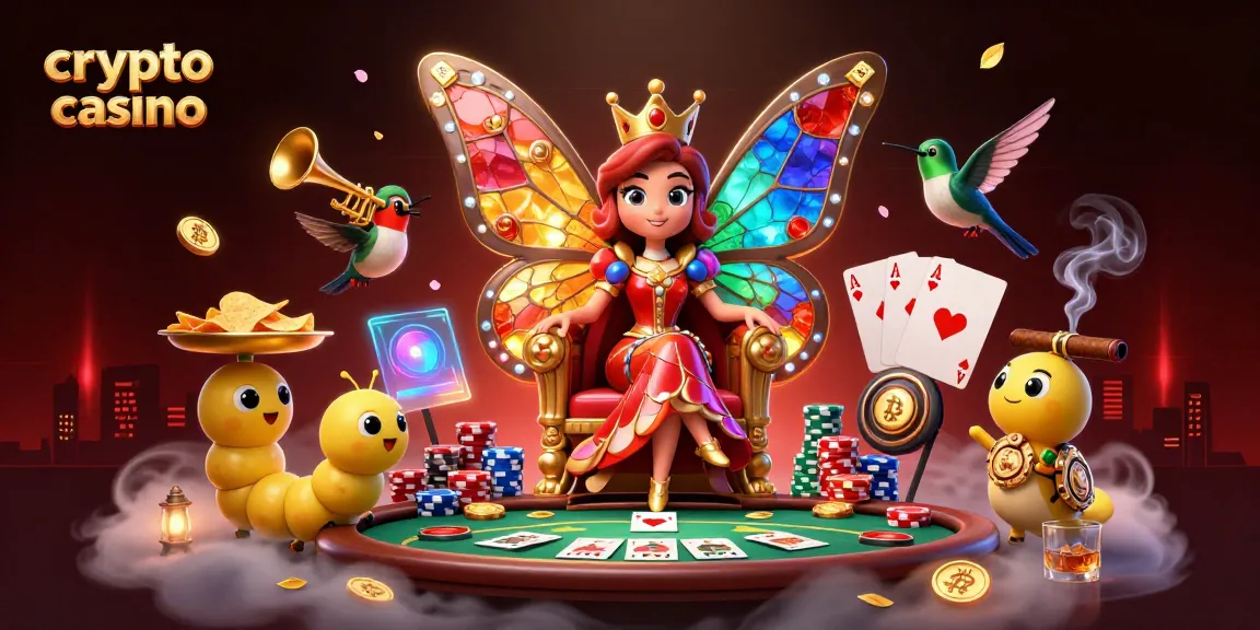 Scopri il crypto casino con la regina farfalla e gettoni dorati in un'illustrazione vivace.