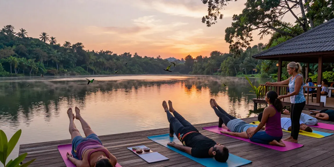 Participants engaging in vinyasa yoga retreat Sri Lanka at Koggala Lake, serene lakeside setting.