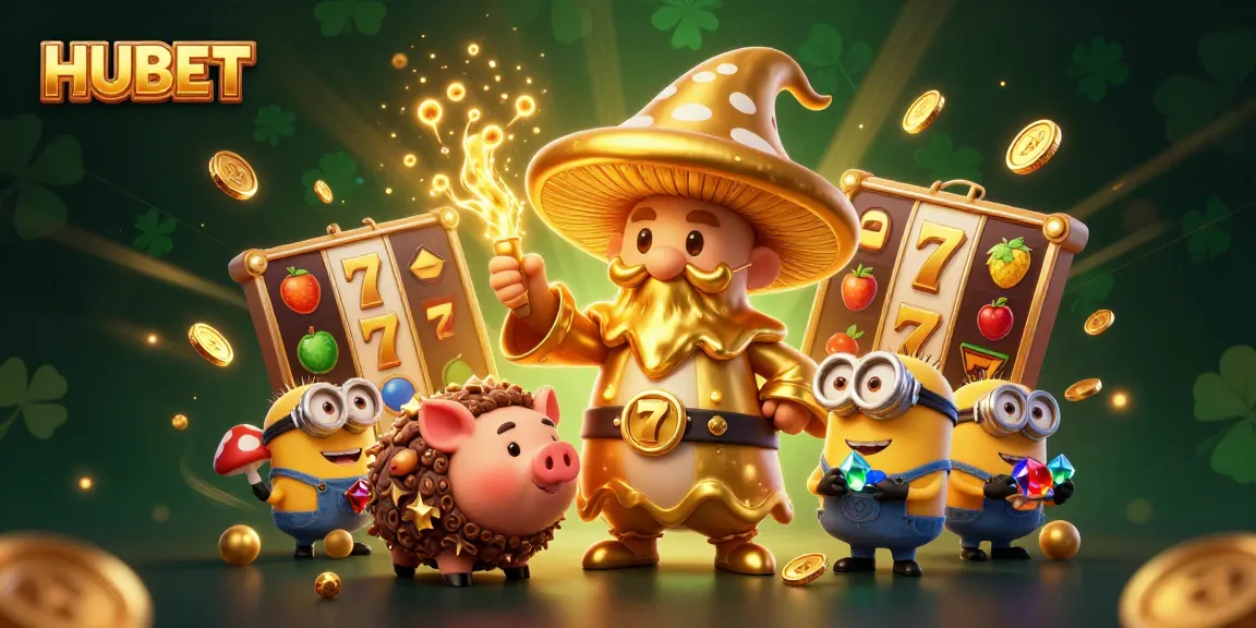 Experience HUBET's thrilling casino adventure with golden wizard, treasure, and dynamic slot elements.