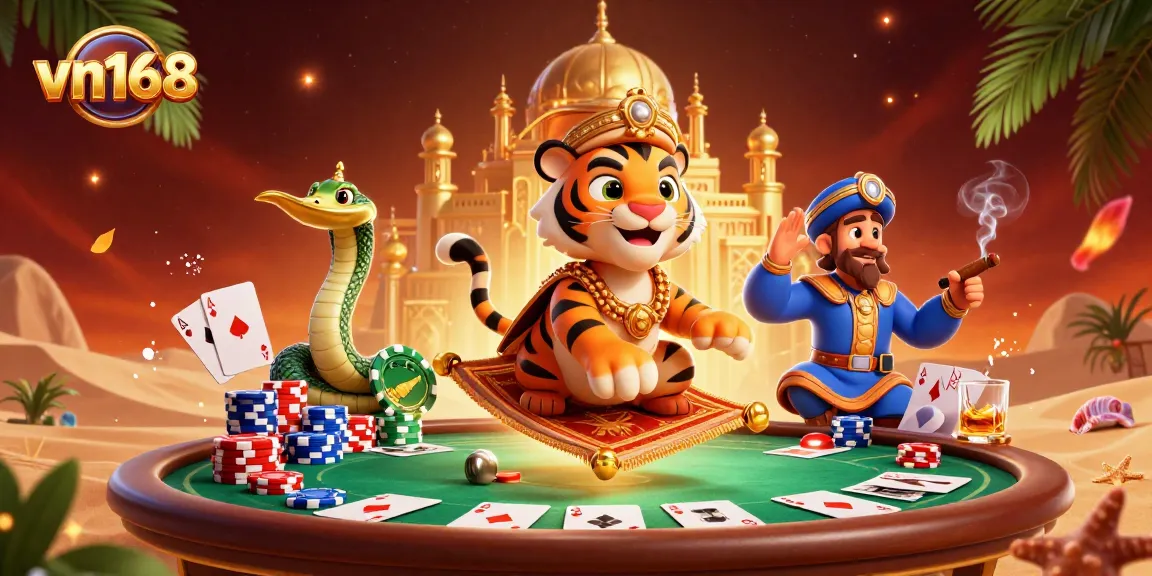 Experience the excitement of vn168 as a tiger sultan flies over poker chips, capturing a winning moment in a vibrant casino.