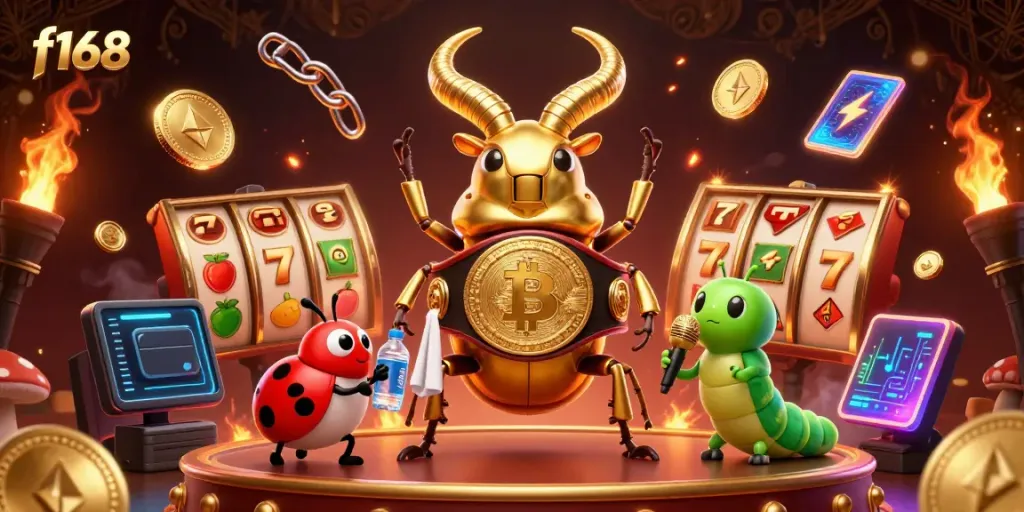 Experience thrilling gameplay with f168's vibrant 3D illustration featuring a golden stag beetle and casino elements.