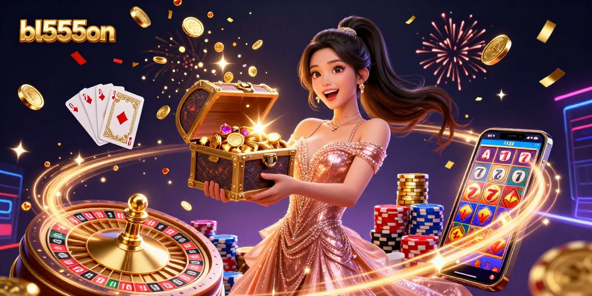Experience the thrill of bl555on casino with a joyous Asian woman revealing treasures, enjoying games amidst sparkling elements.
