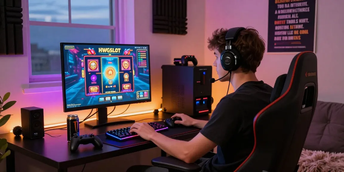 Engaging home gaming atmosphere showing HWGSLOT slots on screen with vibrant graphics and accessories.