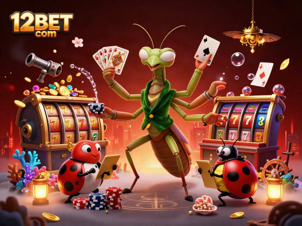 Engage in thrilling gaming at 12BET com with dynamic slot reels and vibrant casino elements.