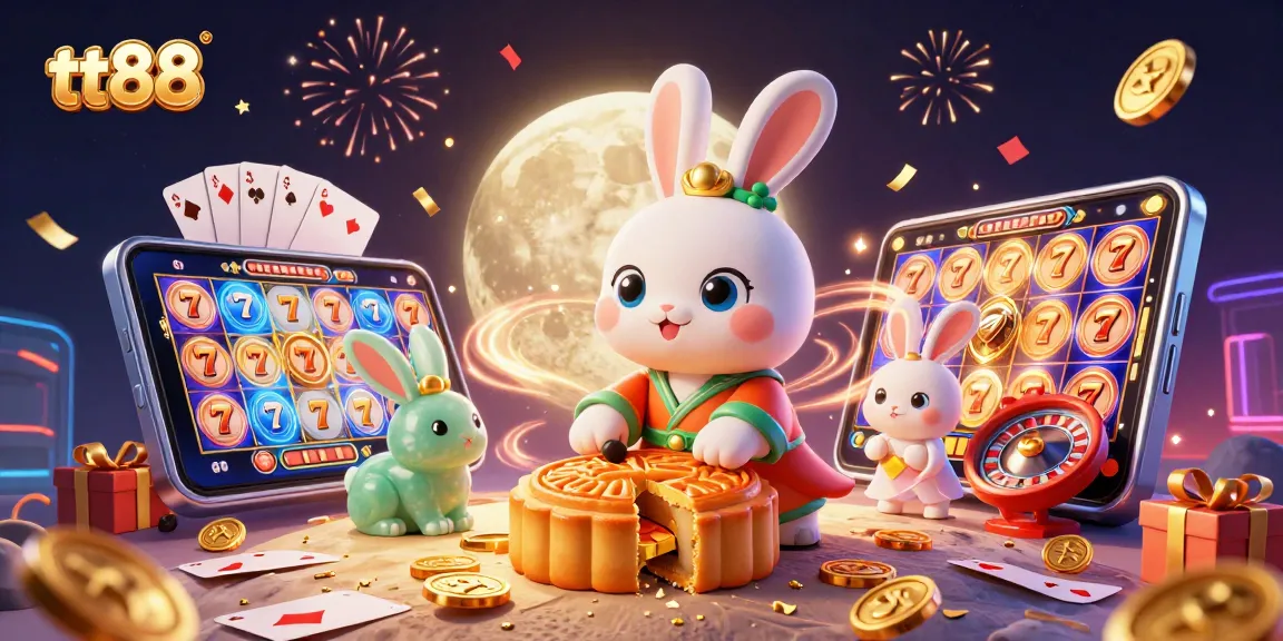 Experience thrilling gaming action with tt88 featuring a mythical moon rabbit surrounded by casino elements.
