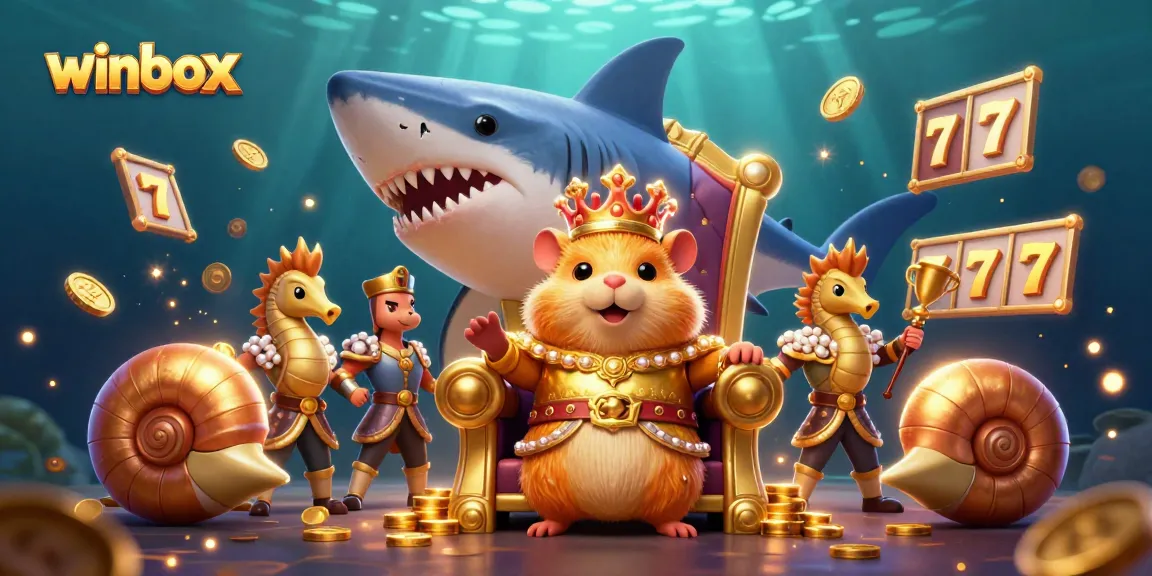 Winbox gets elevated by a golden hamster king and seahorse royal guards in an epic slot machine scene.