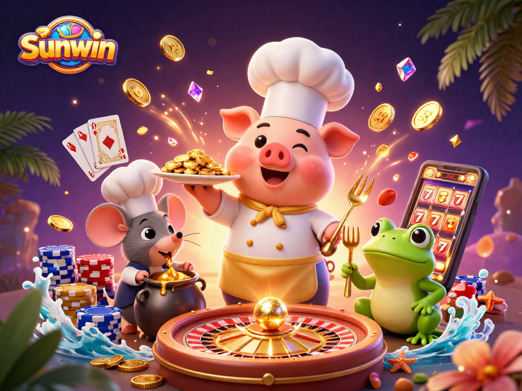 Experience the excitement of Sunwin with a festive 3D scene featuring a pig chef serving gold coins amid dazzling casino elements.