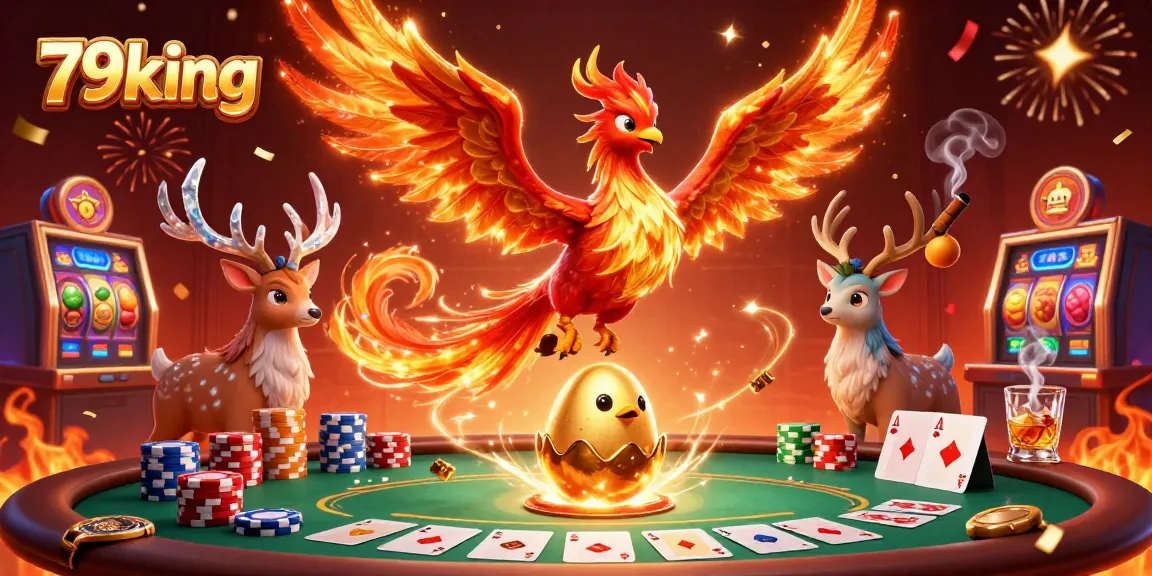 Engage in thrilling gaming adventures at 79king, featuring a vibrant casino scene with a phoenix and dynamic poker setup.