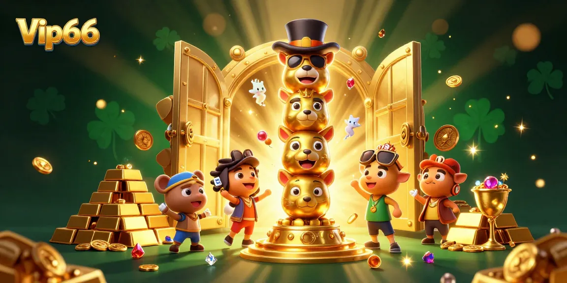 Immerse in Vip66's vibrant casino experience, featuring colorful golden treasures and a playful totem.