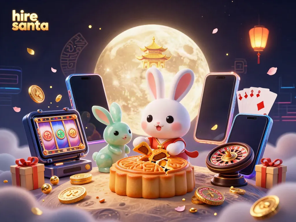 Hire Santa in a festive gambling-themed 3D illustration with vibrant character interaction.