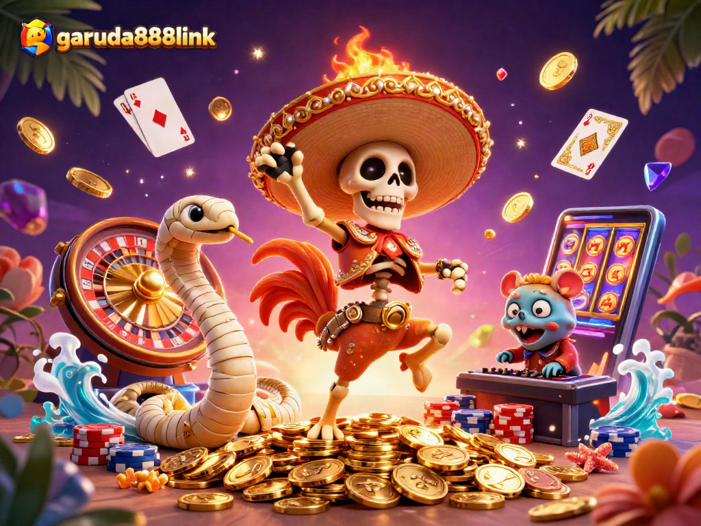 Experience the fun at garuda888link with a vibrant casino illustration featuring playful characters and dynamic gaming elements.