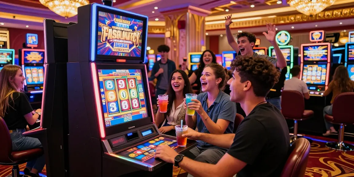 Exciting casino scene showcasing players engaging with a slot bonus machine, colorful drinks, and lively atmosphere.