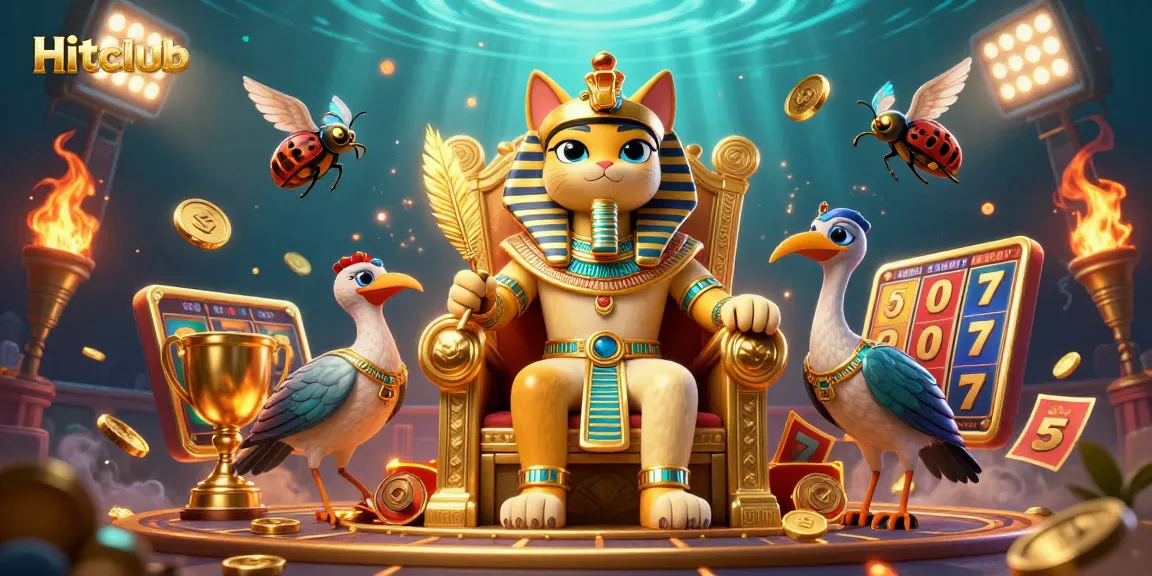 Hitclub showcases vibrant slot games with golden elements and characters in a dynamic casino scene