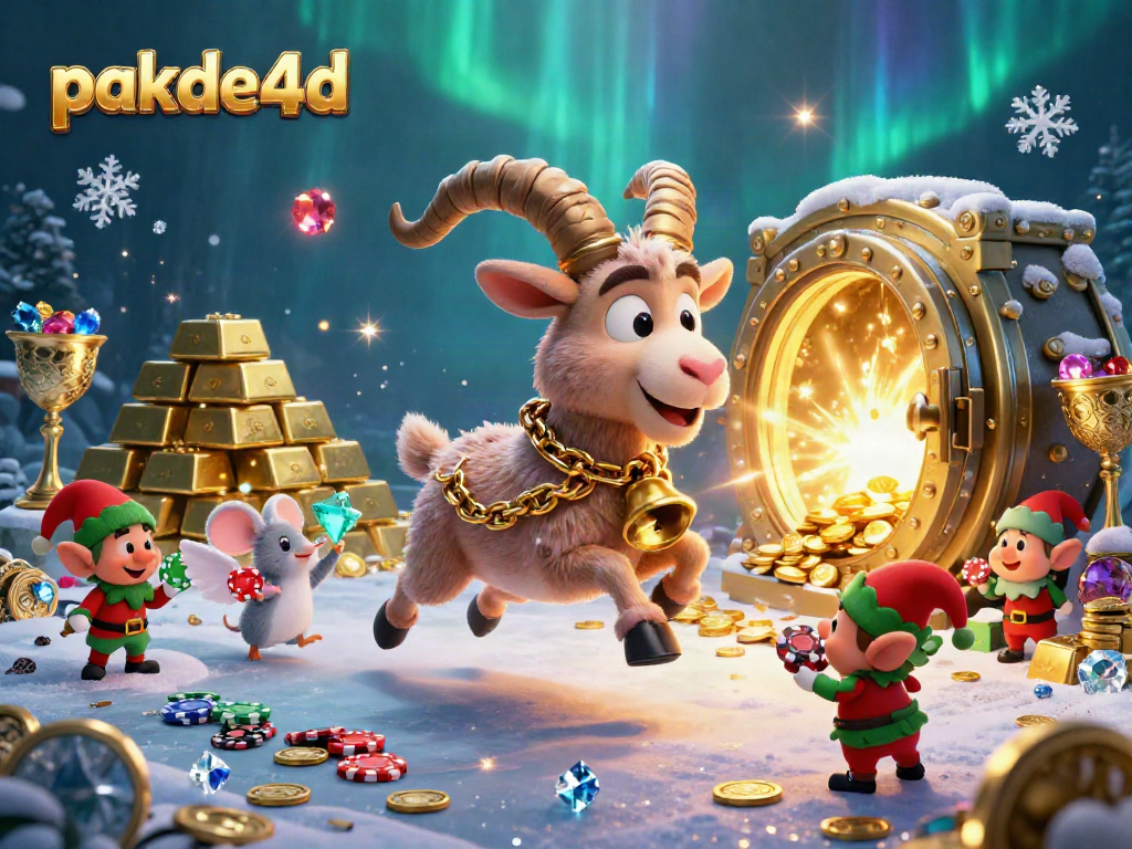 Engage in thrilling casino fun with pakde4d, featuring lively characters in a vibrant holiday gaming scene.
