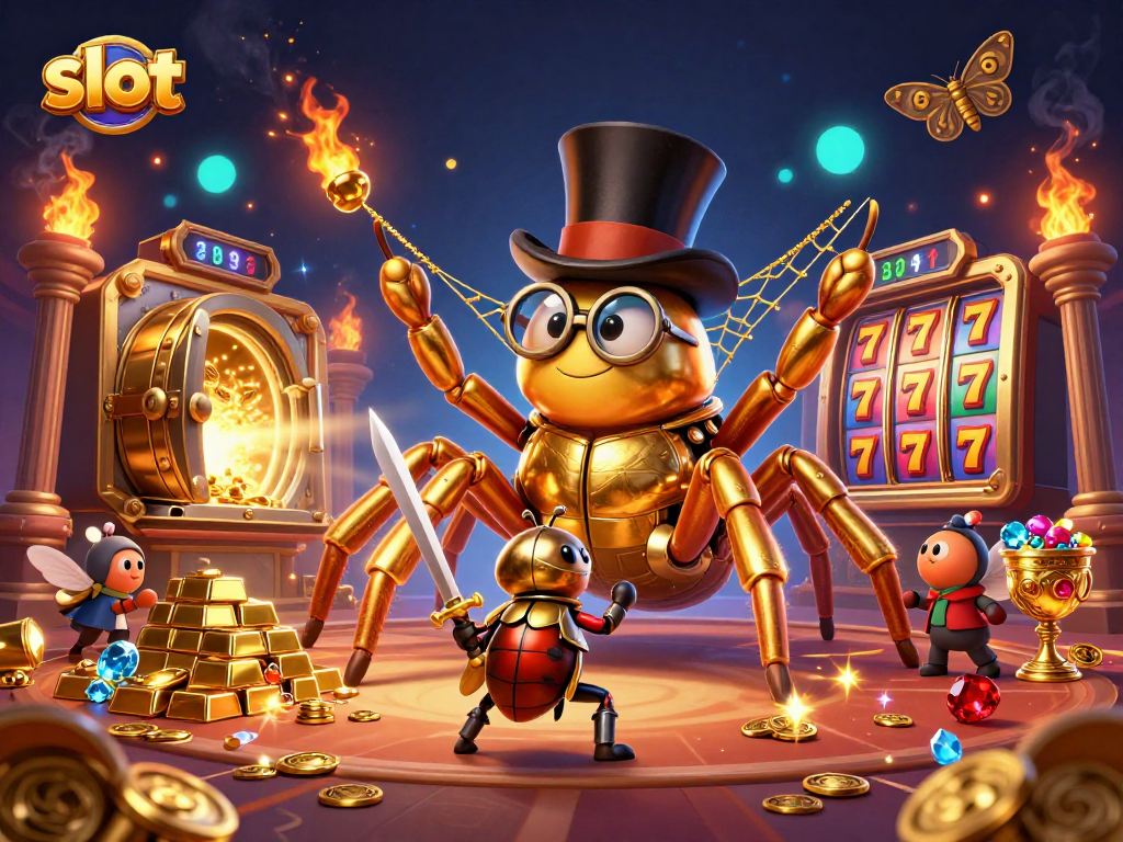 Spin the slot reels with vivid treasures and exciting characters in this 3D casino fantasy scene.