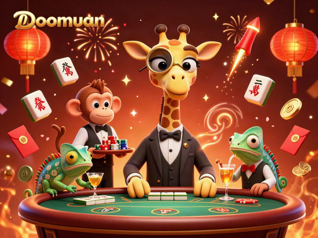 Doomuan brings excitement with a 3D cartoon giraffe high-roller at a poker table, surrounded by festive decorations.
