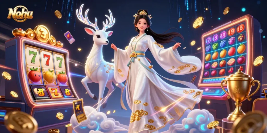 Nohu showcases vibrant slot gameplay with a beautiful Asian woman, celestial deer, and dynamic game elements.
