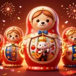Engage with bl555in's vibrant online casino scene featuring animated characters celebrating with slot reels and festive elements.