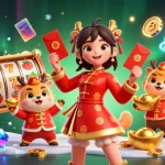 Experience gaming excitement with QQ888BET as vibrant characters celebrate with a rich array of slot symbols.