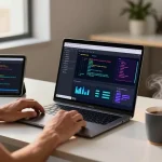 AI laptop showcased in a modern tech workspace with vibrant coding visuals, enhancing productivity.