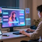 Engaging user exploring ai chat nsfw platform with virtual avatars in innovative home office.