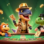 Gagnez des récompenses avec le meilleur casino en ligne, illustrant un velociraptor et ses compagnons au blackjack.