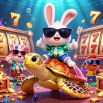 88M lucky rabbit celebrates wins on a golden sea turtle amidst vibrant casino elements and underwater treasures.