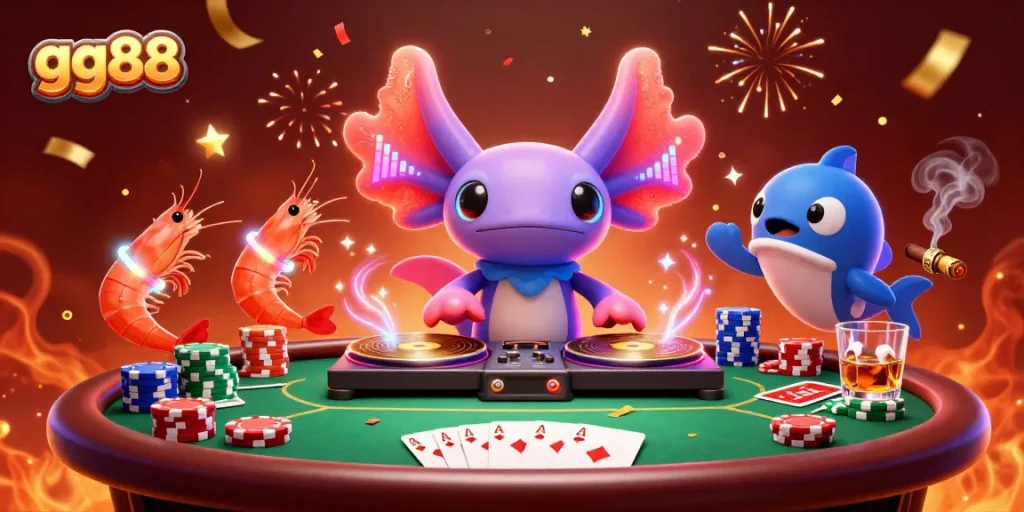 Join the vibrant gg88 casino scene featuring a neon axolotl DJ and festive poker elements.