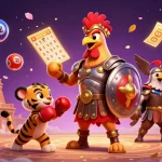 Scopri l'emozione dei giochi nei casinò non AAMS con un gallo gladiatore e palline della lotteria colorate.