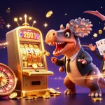 33Win nhà cái illustration featuring casino adventures with dinosaurs and golden jackpots.