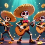 Gioca nel crypto casino e porta a casa premi dorati con questa illustrazione vivace di un gruppo musicale ispirato al Dia de los Mortos.
