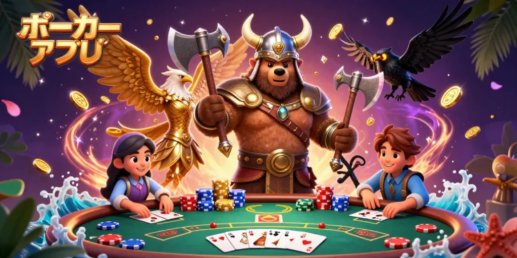 ポーカーアプリを使ったダイナミックなシーンで、リアルなポーカー体験を楽しむイラスト。