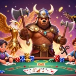 ポーカーアプリを使ったダイナミックなシーンで、リアルなポーカー体験を楽しむイラスト。