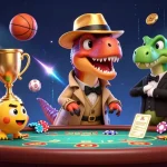 LLWIN velociraptor card counter and stegosaurus pit boss at an energetic casino scene.