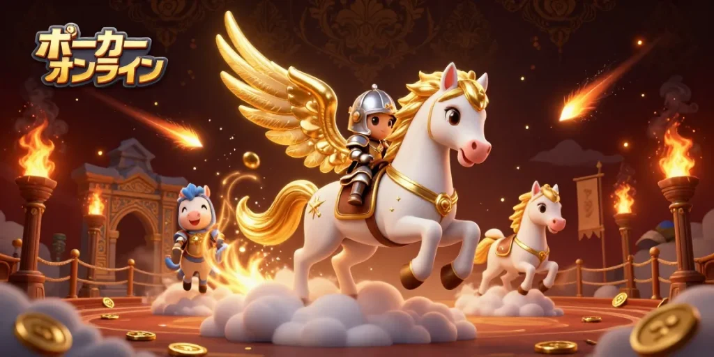 ポーカーオンラインを楽しむ3Dキャラクターたちが集結した賑やかなシーン。