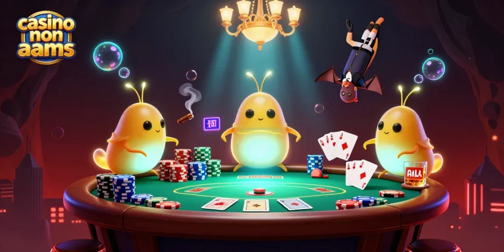 Giocatori illuminano il casino non AAMS con i loro tassi bioluminescenti, immersi in un'atmosfera vivace e avventurosa.