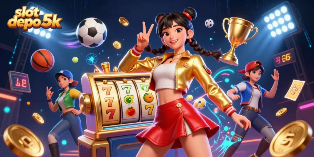 Engaging slot depo 5k illustration capturing vibrant action with slot reels, jackpot symbols, and dynamic gaming elements.