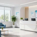 Freelancer health insurance options discussed in a welcoming healthcare clinic, featuring patient care elements and medical services.